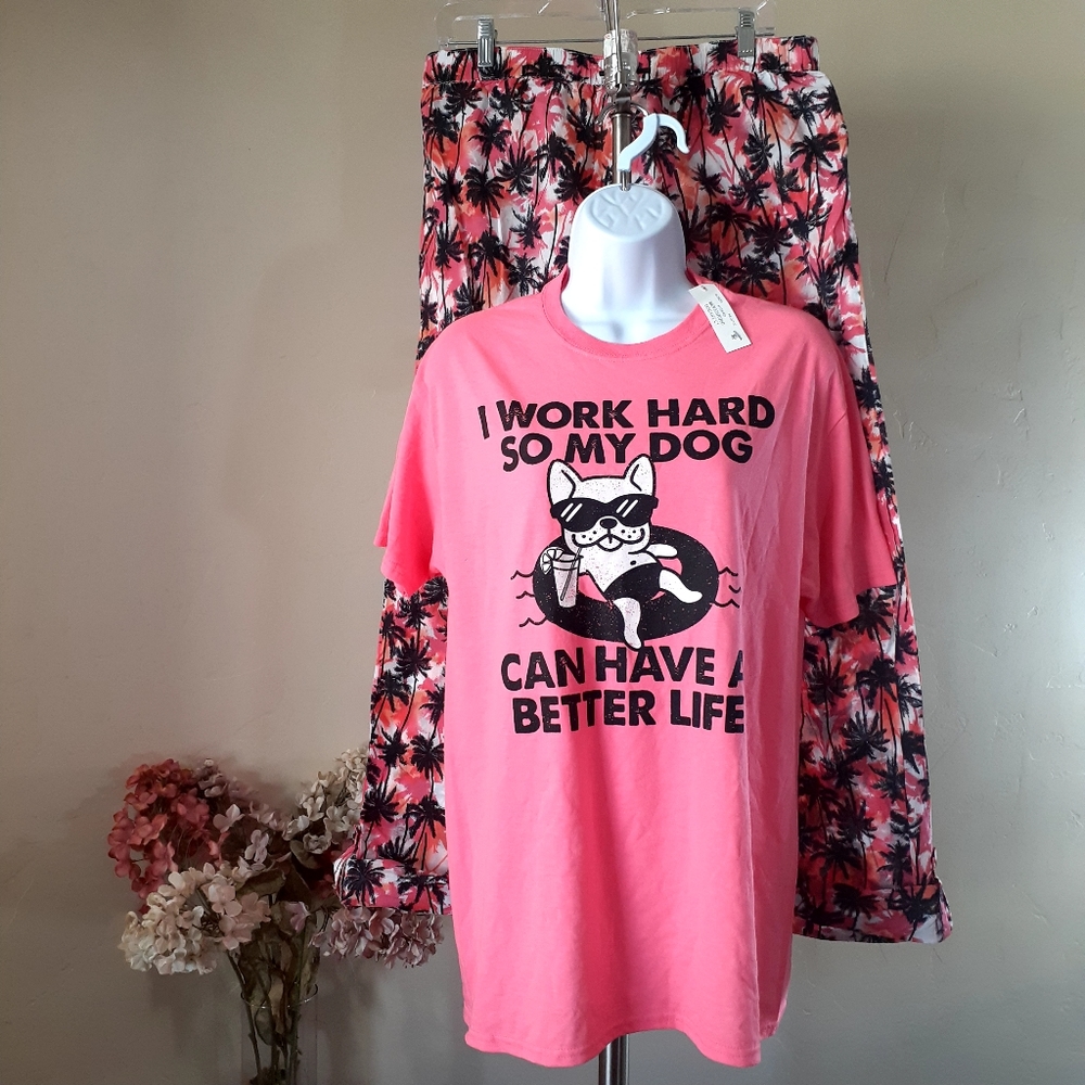 Dog Graphic TShirt NWT + Palm Print Lounge Pants L/12-14